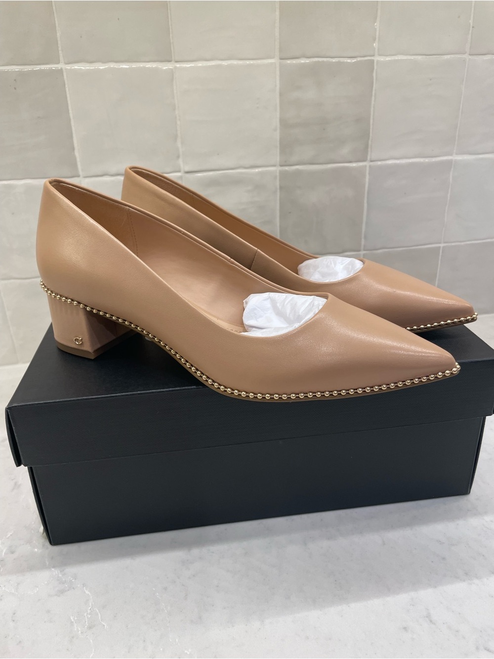 NWT Coach Nude/Tan Pointed Toe Low Block Heel Pumps with Gold Stud Trim - Picture 2 of 5